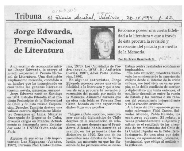 Jorge Edwards, Premio Nacional de Literatura  [artículo] Erwin Haverbeck O.