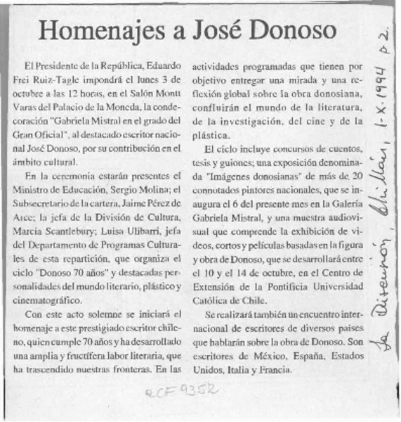 Homenajes a José Donoso  [artículo].