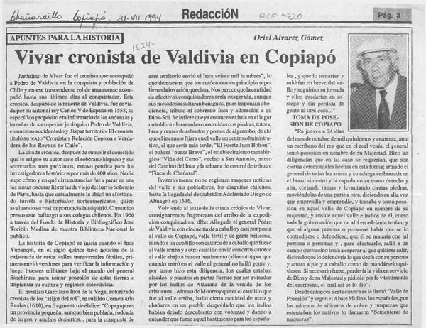 Vivar cronista de Valdivia en Copiapó  [artículo] Oriel Alvarez Gómez.