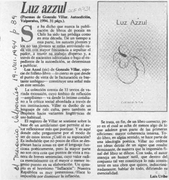 Luz azzul  [artículo] Luis Uribe.