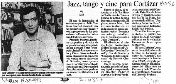 Jazz, tango y cine para Cortázar  [artículo].