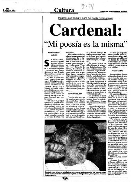 Cardenal, "Mi poesía es la misma"  [artículo] María Eugenia Meza B.