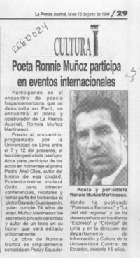 Poeta Ronnie Muñoz participa en eventos internacionales  [artículo].