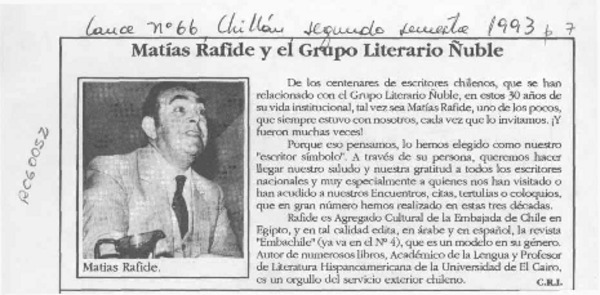 Matías Rafide y el Grupo Literario Ñuble  [artículo] C. R. I.