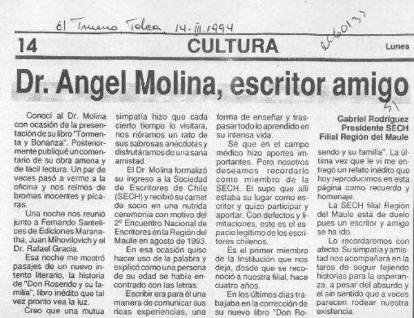 Dr. Angel Molina, escritor amigo  [artículo] Gabriel Rodríguez.