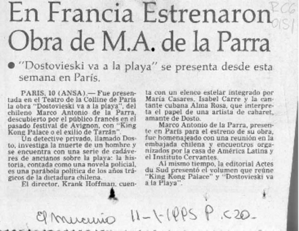 En Francia estrenaron obra de M. A. de la Parra  [artículo].