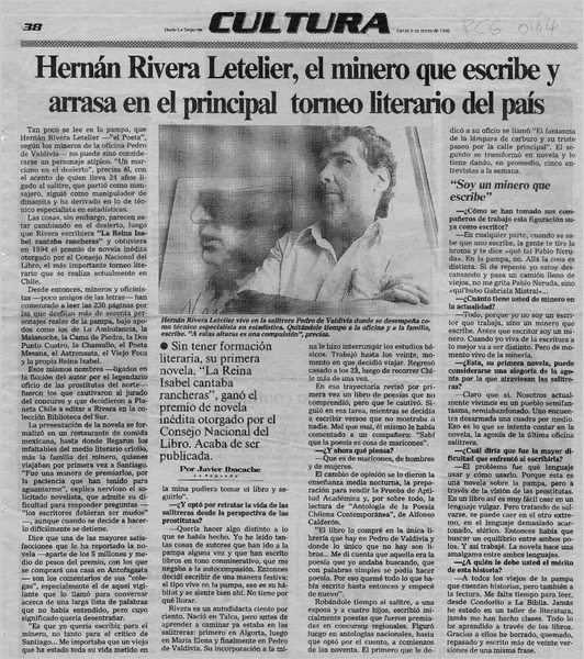 Hernán Rivera Letelier, el minero que escribe y arrasa en el principal torneo literario del país  [artículo] Javier Ibabache.