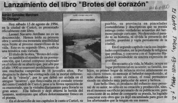 Lanzamiento del libro "Brotes del corazón"  [artículo] Adrián González Marchant.