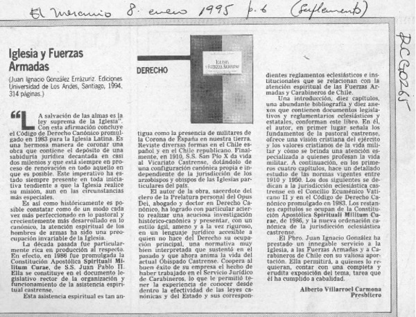 Iglesia y Fuerzas Armadas  [artículo] Alberto Villarroel Carmona.