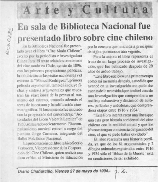 En sala de Biblioteca Nacional fue presentado libro sobre cine chileno  [artículo].