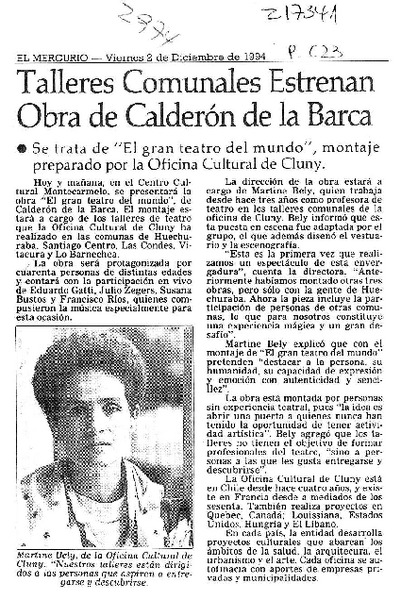 Talleres comunales estrenan obra de Calderón de la Barca  [artículo].
