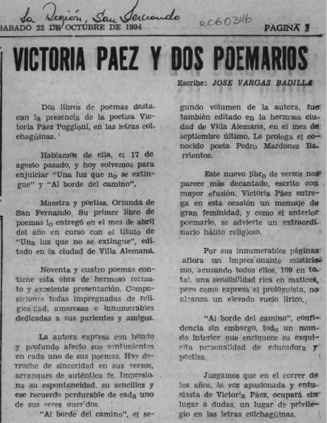 Victoria Páez y dos poemarios  [artículo] José Vargas Badilla.