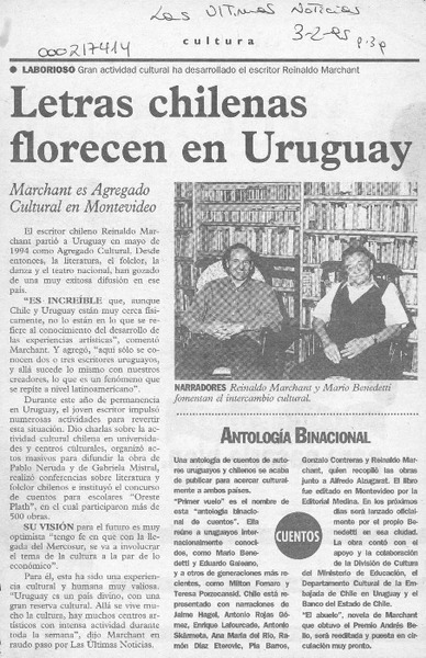Letras chilenas florecen en Uruguay  [artículo].
