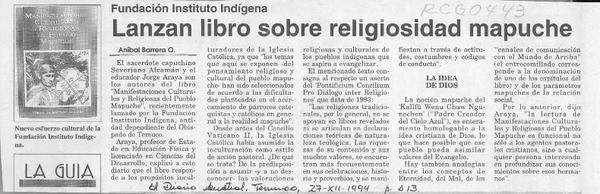 Lanzan libro sobre religiosidad mapuche  [artículo] Aníbal Barrera O.
