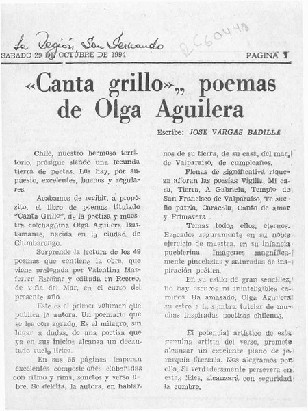 "Canta grillo", poemas de O. Aguilera