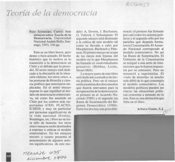 Teoría de la democracia  [artículo] Arturo Gaete.