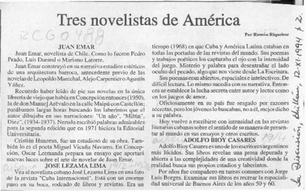 Tres novelistas de América  [artículo] Ramón Riquelme
