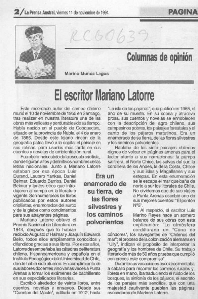 El escritor Mariano Latorre  [artículo] Marino Muñoz Lagos.