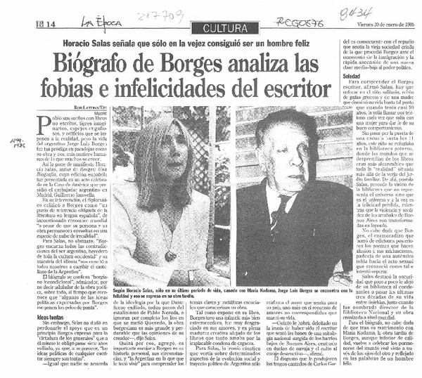 Biógrafo de Borges analiza las fobias e infelicidades del escritor  [artículo] Bob Latona.