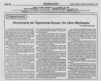 Diccionario de toponimia kunza, un libro motivador  [artículo] Osvaldo Maya Cortés.