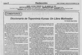 Diccionario de toponimia kunza, un libro motivador  [artículo] Osvaldo Maya Cortés.