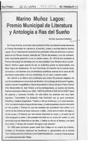 Marino Muñoz Lagos, Premio Municipal de Literatura y "Antología a ras del sueño"  [artículo] Azucena Caballero.
