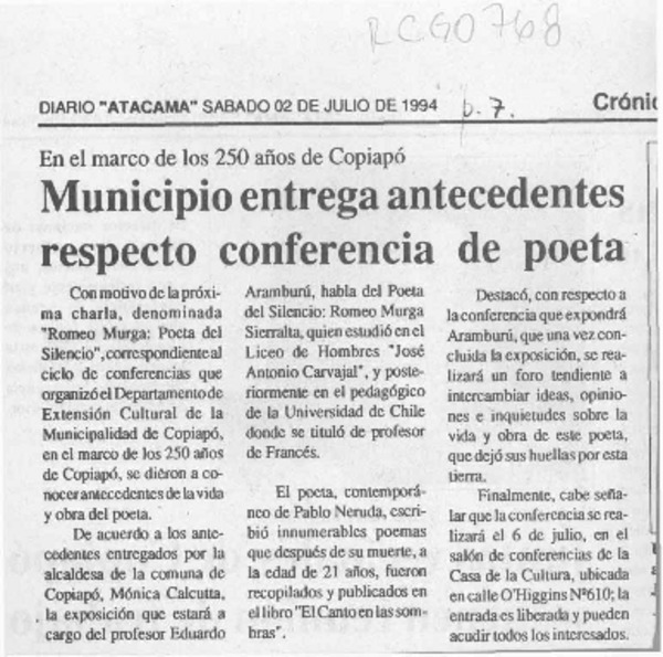 Municipio entrega antecedentes respecto conferencia de poeta  [artículo].