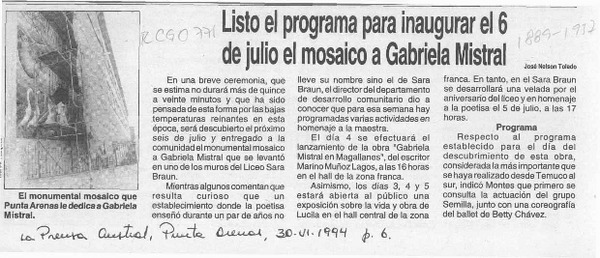 Listo el programa para inaugurar el 6 de julio el mosaico a Gabriela Mistral  [artículo] José Nelson Toledo.