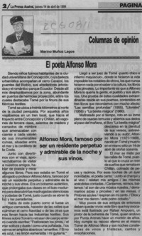 El poeta Alfonso Mora  [artículo] Marino Muñoz Lagos.