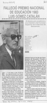 Falleció Premio Nacional de Educación 1983 Luis Gómez Catalán  [artículo].