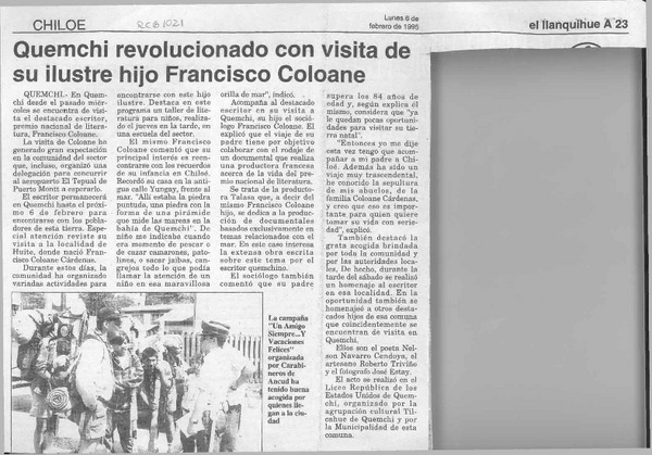 Quemchi revolucionado con visita de su ilustre hijo Francisco Coloane  [artículo].