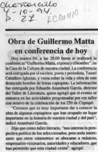 Obra de Guillermo Matta en conferencia de hoy  [artículo].