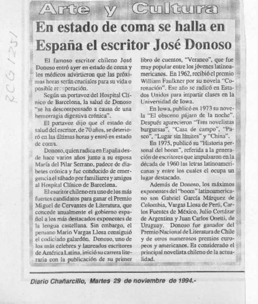En estado de coma se halla en España el escritor José Donoso  [artículo].