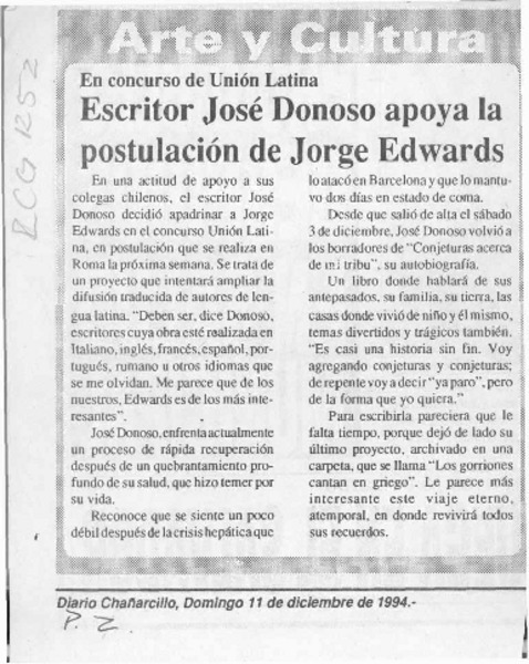 Escritor José Donoso apoya la postulación de Jorge Edwards  [artículo].