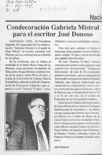 Condecoración Gabriela Mistral para el escritor José Donoso  [artículo].