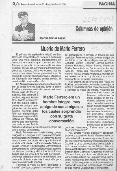 Muerte de Mario Ferrero  [artículo] Marino Muñoz Lagos.