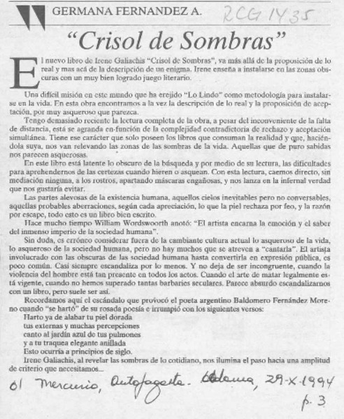 "Crisol de Sombras"  [artículo] Germana Fernández A.