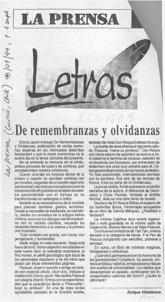 De remembranzas y olvidanzas  [artículo] Enrique Villablanca.