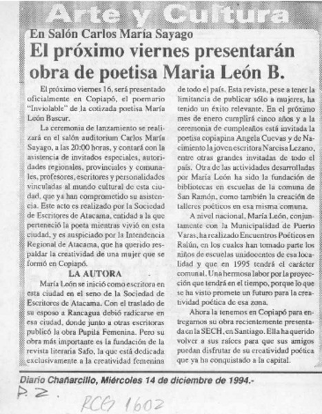 El Próximo viernes presentarán obra de poetisa María León B.  [artículo].