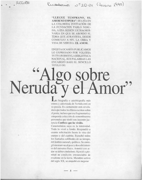 "Algo sobre Neruda y el amor"  [artículo] Volodia Teitelboim.