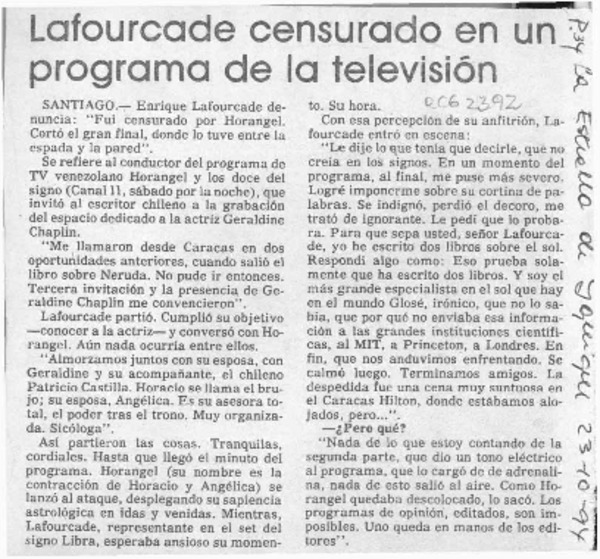 Lafourcade censurado en un programa de televisión  [artículo].