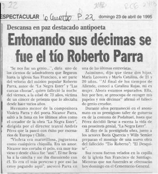 Entonando sus décimas se fue el tío Roberto Parra  [artículo].