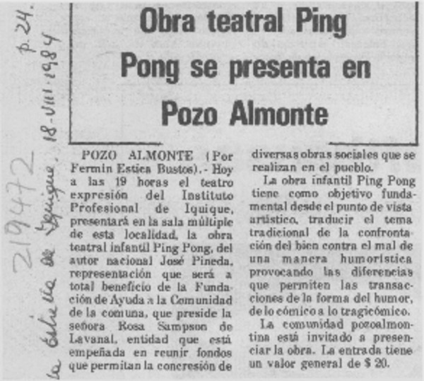Obra teatral Ping Pong se presenta en Pozo Almonte