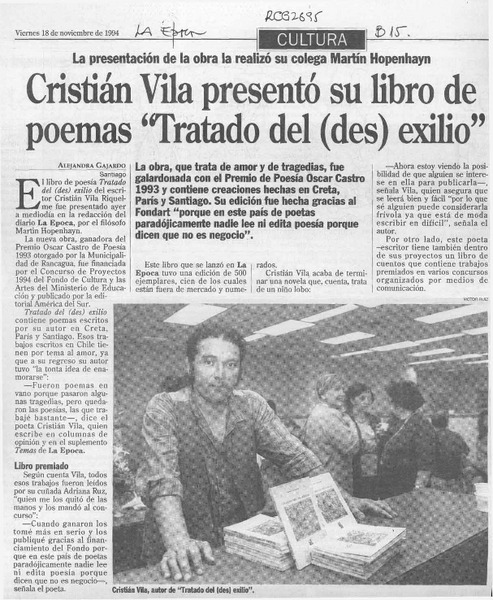 Cristián Vila presentó su libro de poemas "Tratado del (des) exilio"  [artículo] Alejandra gajardo.