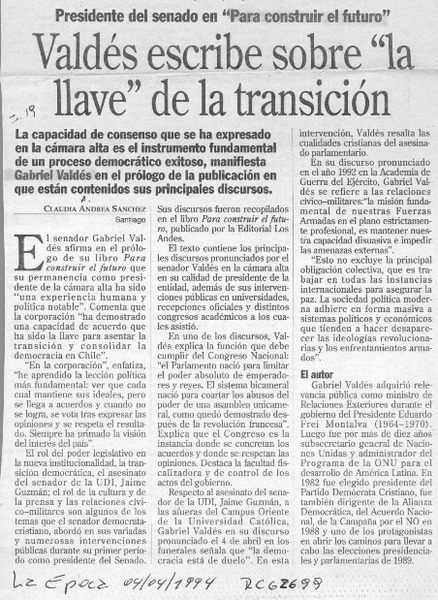 Valdés escribe sobre "la llave" de la transición  [artículo] Claudia Andrea Sánchez.