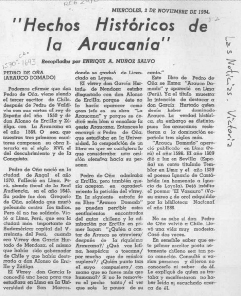 "Hechos históricos de la Araucanía"  [artículo] Enrique A. Muñoz Salvo.