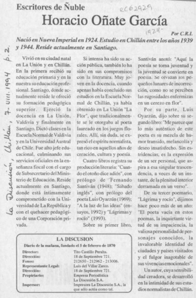 Horacio Oñate García  [artículo] C. R. I.