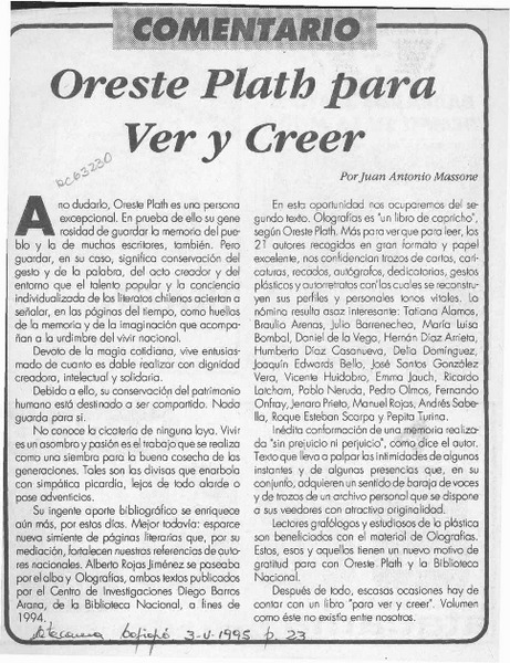 Oreste Plath para ver y creer  [artículo] Juan Antonio Massone.