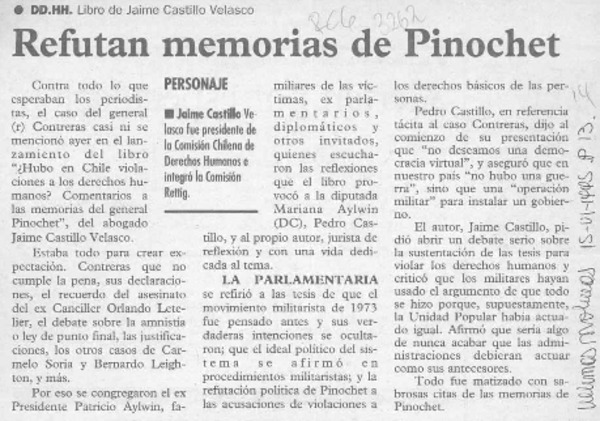 Refutan memorias de Pinochet  [artículo].