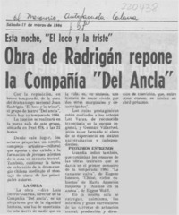 Obra de Radrigán repone la compañía "Del Ancla"